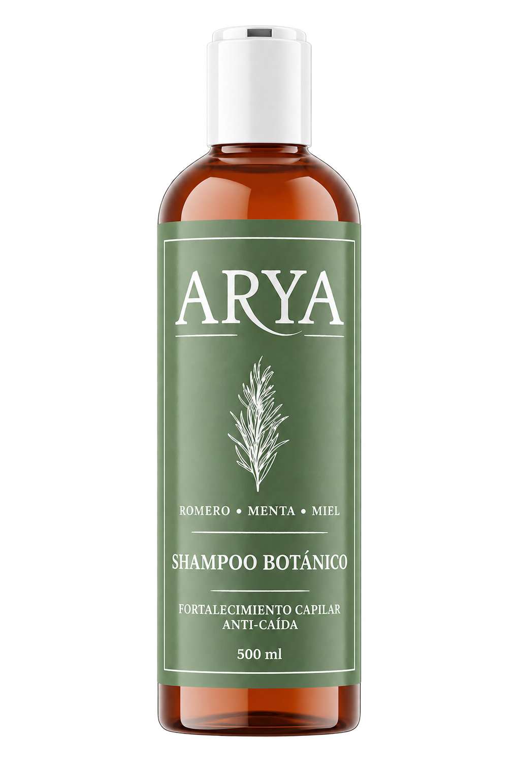 Shampoo ARYA de romero, menta y miel, en frasco ámbar con etiqueta verde, 500 ml